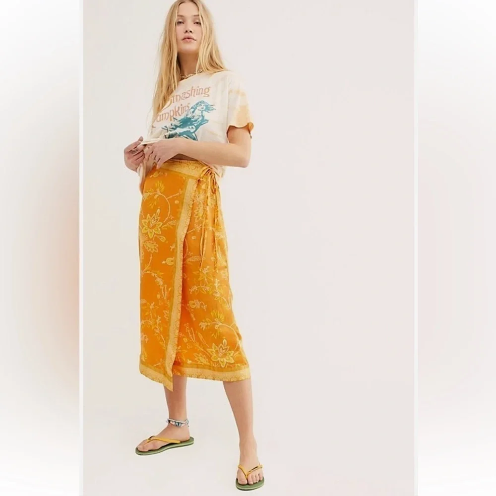 NWT $128 FREE PEOPLE Sz 0 Yasmin Border Print Wrap Midi Skirt In Orange Nectar